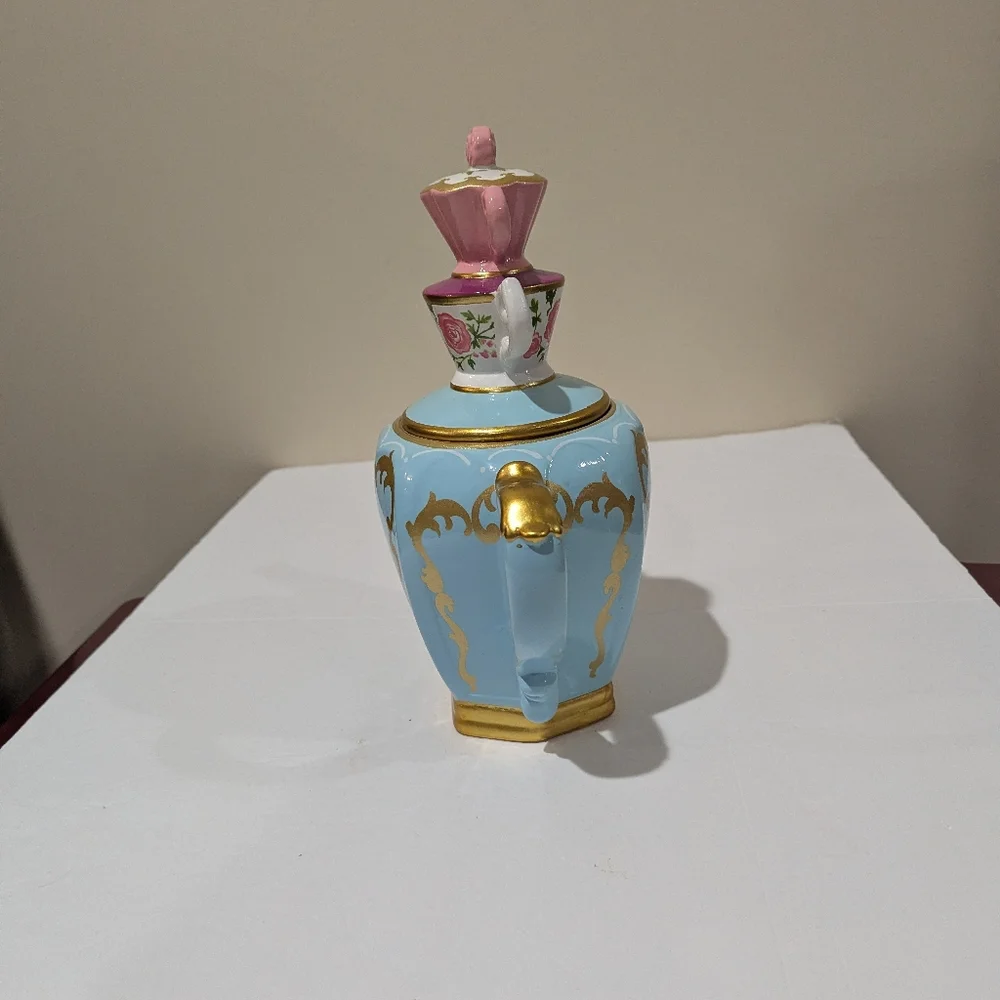 Alice In Wonderland, Elegant Blue and Gold Teapot with Pink Floral Lid 11"X9" - Picture 6 of 13
